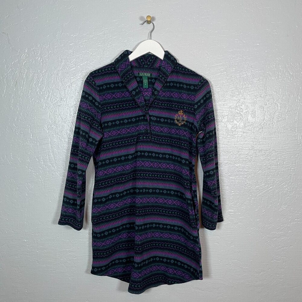 Lauren Ralph Lauren Women M Black Purple Green Fair Isle Fleece Sleep Dress